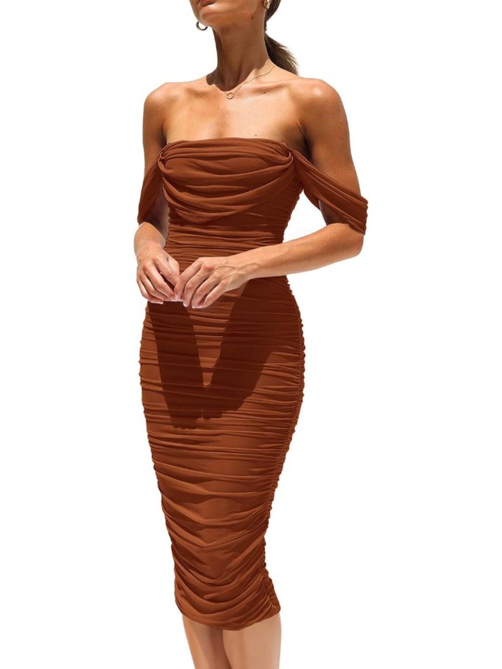 Women's Caramel Off Shoulder Bodycon Tube Midi Dress Stretchy Mesh Party Outfits